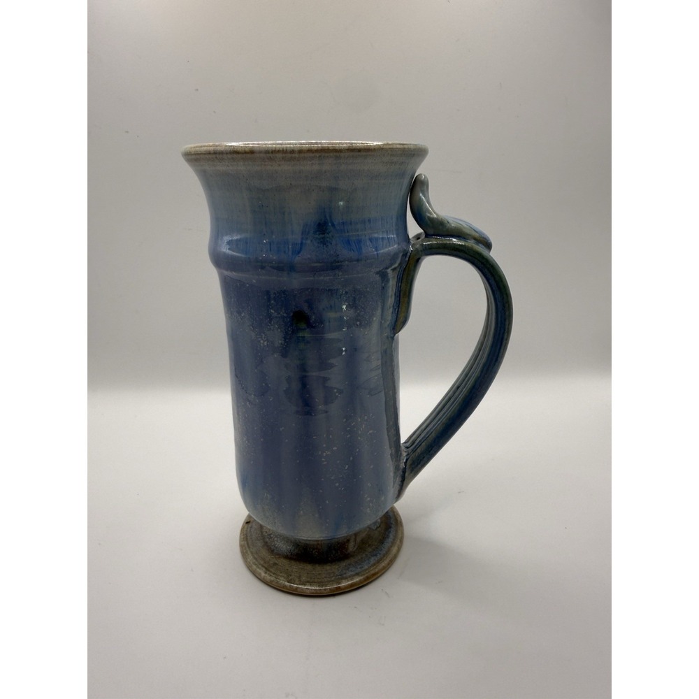 Signed Studio Art Pottery Blue Stoneware Pedestal Mug Handmade